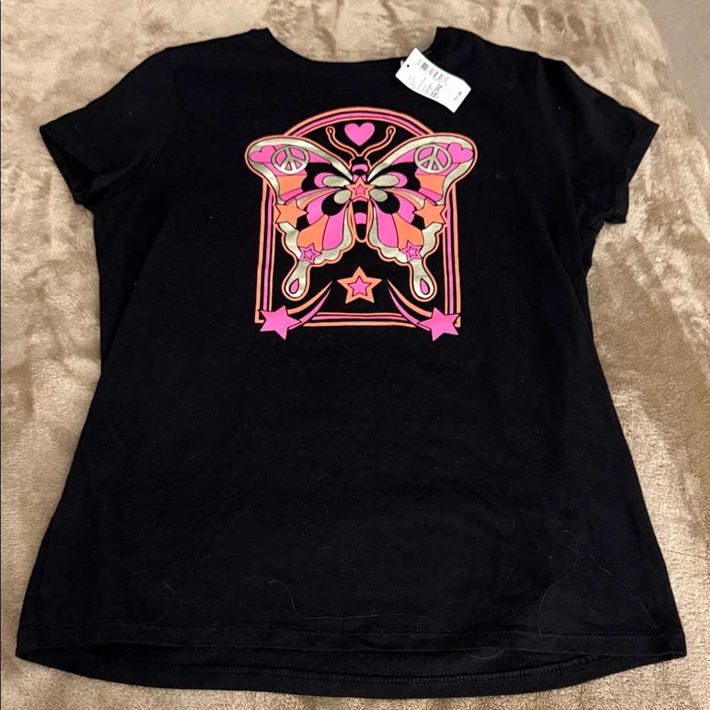 Black T-Shirt with Colorful Butterfly Design